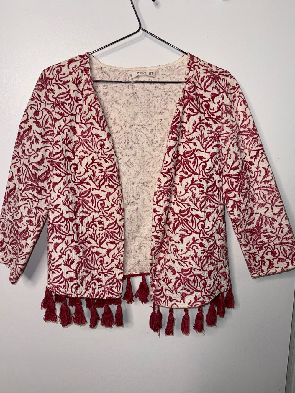 Mango Casual 100% Cotton Red & Cream Floral Tassel Open‎ Front Cardigan Sweater